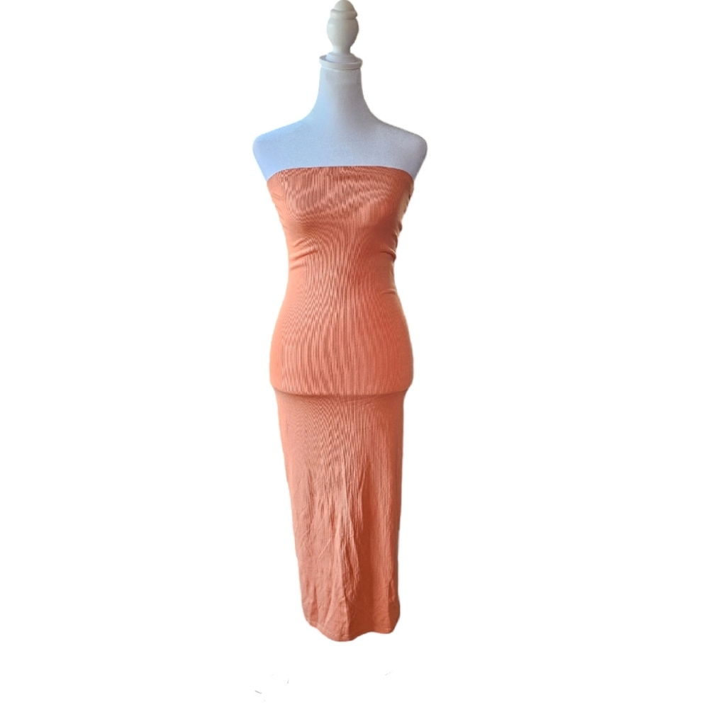 Forever 21 Peach Orange Strapless Fine Ribbed Tube Midi Dress Size S